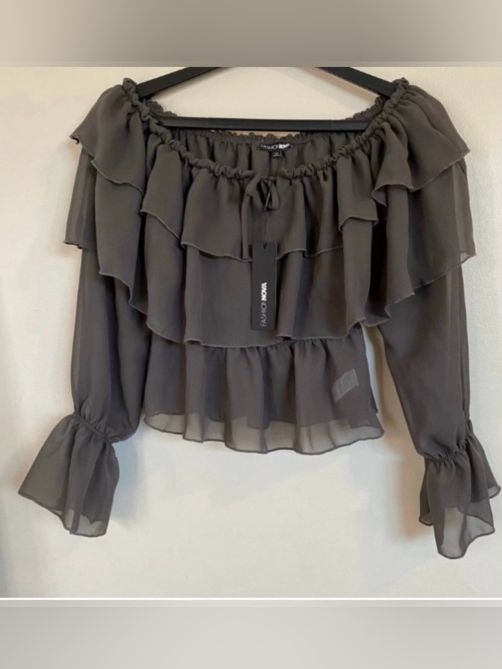 Fashion Nova Women's sheer gray Ruffle Off-Shoulder Blouse